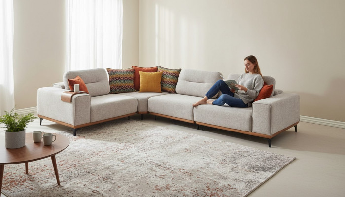 Wäiss Eckplanzsofa Modern L-Form Couche Wunnzëmmer Polstersofa Holzgestell