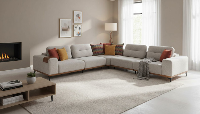 Wäiss Eckplanzsofa Modern L-Form Couche Wunnzëmmer Polstersofa Holzgestell