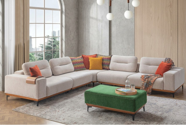 Designer Wunnzëmmer Set besteet aus 2 Deeler: Eckcanapé L-Form an Hocker.