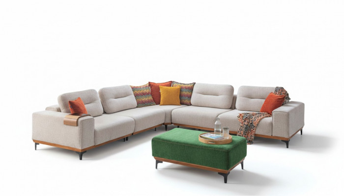 Designer Wunnzëmmer Set besteet aus 2 Deeler: Eckcanapé L-Form an Hocker.