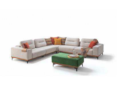Designer Wunnzëmmer Set besteet aus 2 Deeler: Eckcanapé L-Form an Hocker.