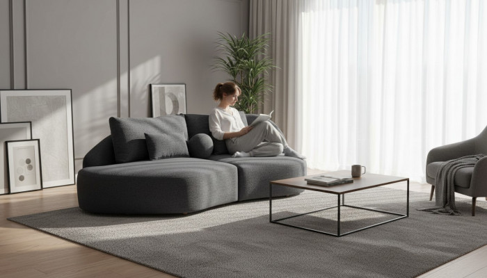 Stilvollen dräisëtzege grousse gielen Canapé fir d'Wunnzëmmer, moderner Couche.