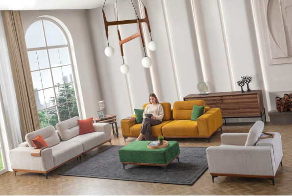 Grousst Wunnzëmmer Set 3 Textil Sofas Polsterhocker 3x Bäistelltiesch
