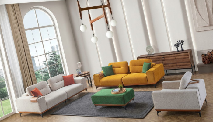 Grousst Wunnzëmmer Set 3 Textil Sofas Polsterhocker 3x Bäistelltiesch