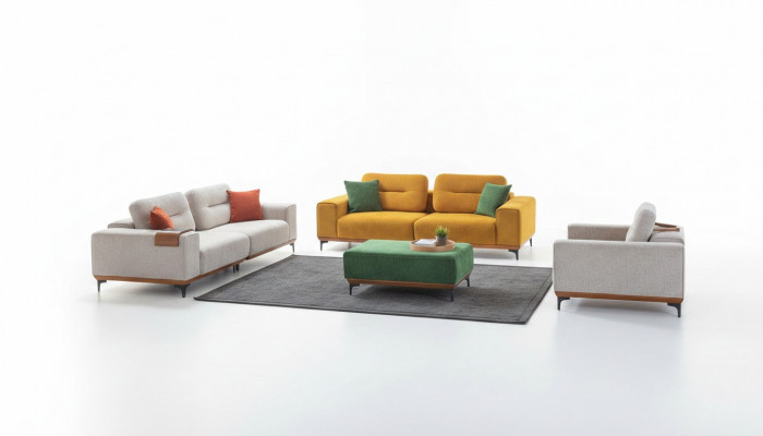 Grousst Wunnzëmmer Set 3 Textil Sofas Polsterhocker 3x Bäistelltiesch