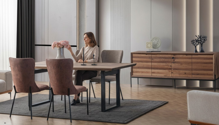 Braun Iesszëmmer Garnitur Luxus Rektangulären Iessdësch 4x Still Komoud