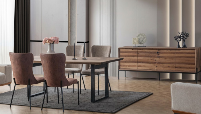 Braun Iesszëmmer Garnitur Luxus Rektangulären Iessdësch 4x Still Komoud
