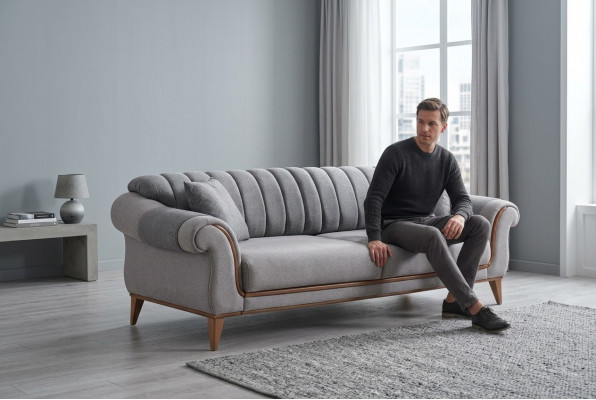 Grout Sofa Designer Wunnzëmmer 3-Sëtzer Holzrabatt Textil Canapéën
