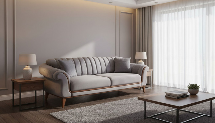 Grout Sofa Designer Wunnzëmmer 3-Sëtzer Holzrabatt Textil Canapéën