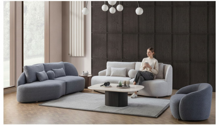 Grou-wäiss Wunnzëmmer Garnitur 3+3 Sëtzer Designer Textilsessel 3tlg