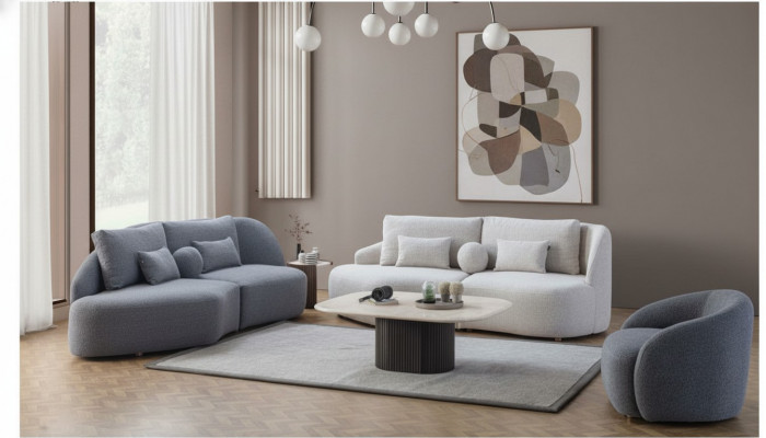 Grou-wäiss Wunnzëmmer Garnitur 3+3 Sëtzer Designer Textilsessel 3tlg