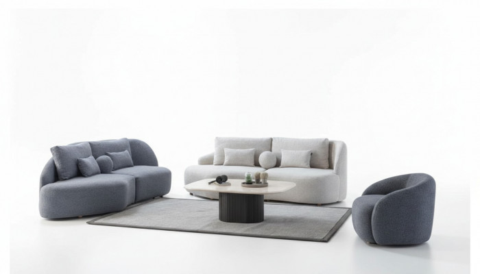 Grou-wäiss Wunnzëmmer Garnitur 3+3 Sëtzer Designer Textilsessel 3tlg
