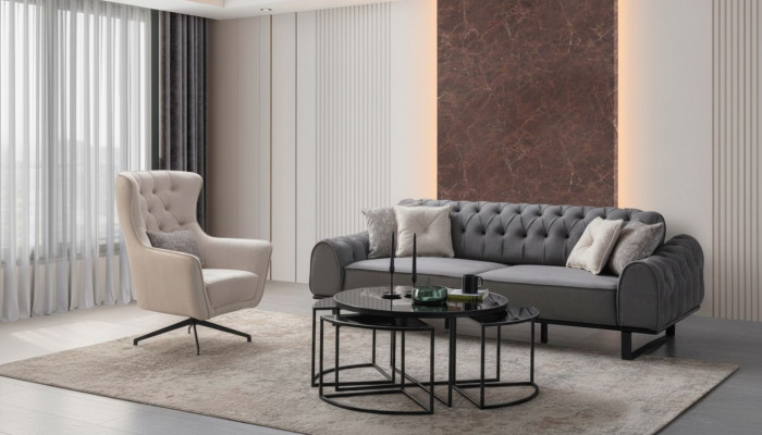 Groen Chesterfield Dräisëtzer Luxuriéise Polster Wäisse Fautteuil 2tlg Set