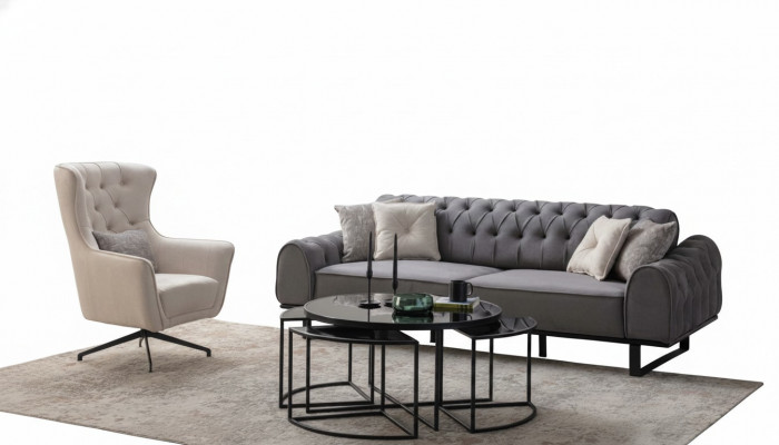 Groen Chesterfield Dräisëtzer Luxuriéise Polster Wäisse Fautteuil 2tlg Set