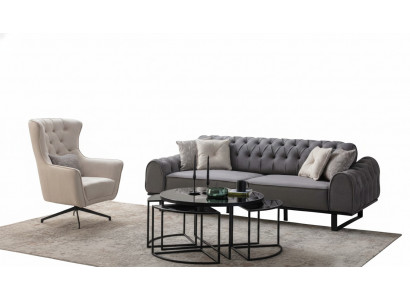Groen Chesterfield Dräisëtzer Luxuriéise Polster Wäisse Fautteuil 2tlg Set