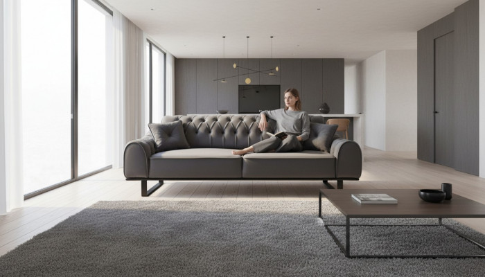 Grau Chesterfield 3-Sëtzer Edle Dreisëtzer Designer Wunnzëmmer Couch