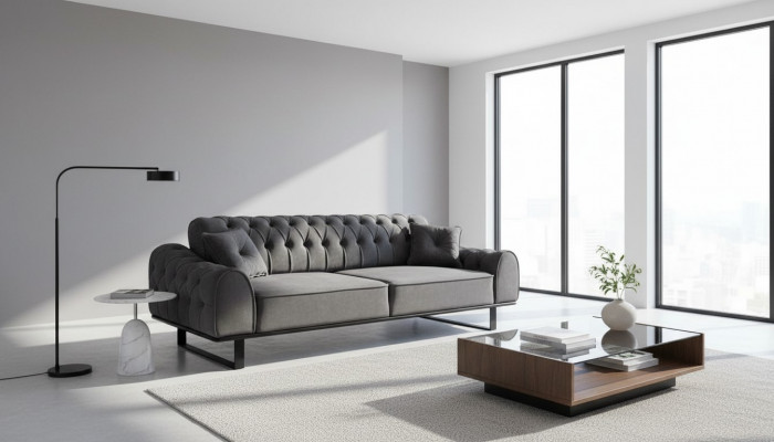 Grau Chesterfield 3-Sëtzer Edle Dreisëtzer Designer Wunnzëmmer Couch