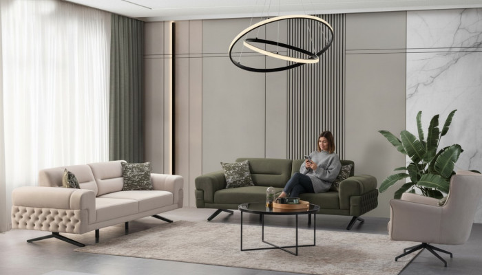 Däischtergréng Wunnzëmmer Exklusiv Couch-Garnitur 2x 3-Sëtz Een-Sëtz Sofa