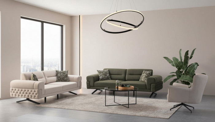 Däischtergréng Wunnzëmmer Exklusiv Couch-Garnitur 2x 3-Sëtz Een-Sëtz Sofa