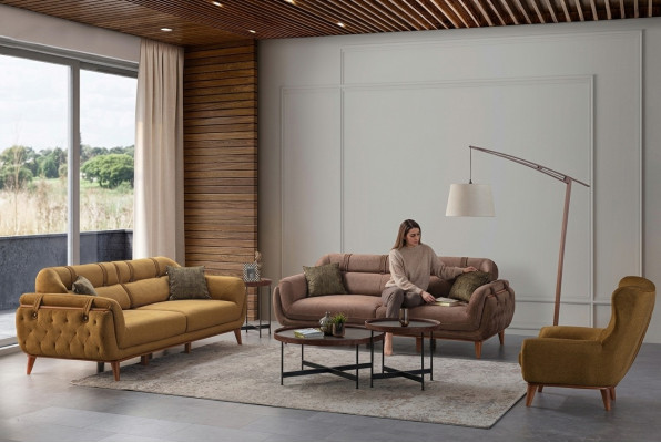 Chesterfield Faarw Garnitur Wunnzëmmer Sofasen 2x Dräisëtzer Fotell Miwwelen