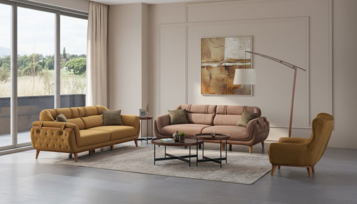 Chesterfield Faarw Garnitur Wunnzëmmer Sofasen 2x Dräisëtzer Fotell Miwwelen