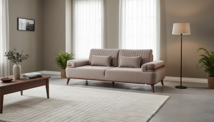 Designer Beige 3-Sëtzer Sofa Wunnzëmmer Holzgestell Luxuriéis Canapé