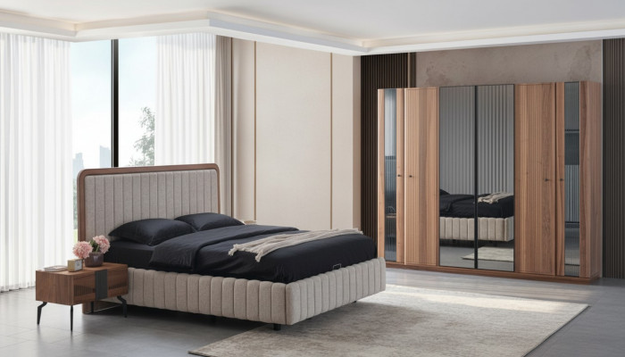 Exklusivt Schlofzëmmer Set Bett 2x Nuetsschränkchen an Kleederschaf 4 Deeler.