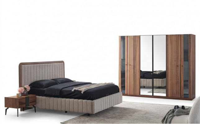 Exklusivt Schlofzëmmer Set Bett 2x Nuetsschränkchen an Kleederschaf 4 Deeler.