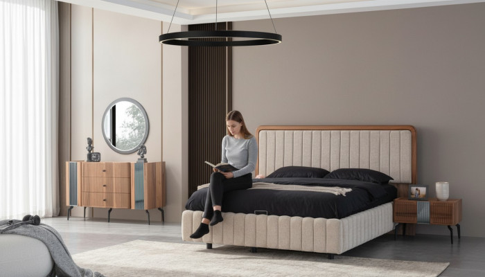 Hell Schlofzëmmer Miwwelen Duebelbett Schminktisch Spigel 2x Nuetsdëscher