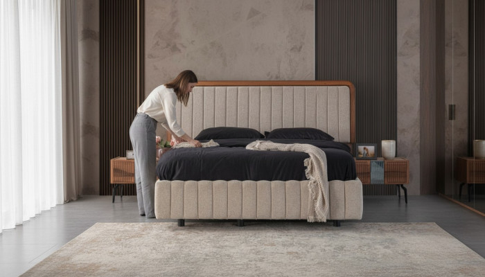 Stilvoll Schlofzëmmer Miwwelen Luxus-gepolstert Bett Holz Nuetsdëscher