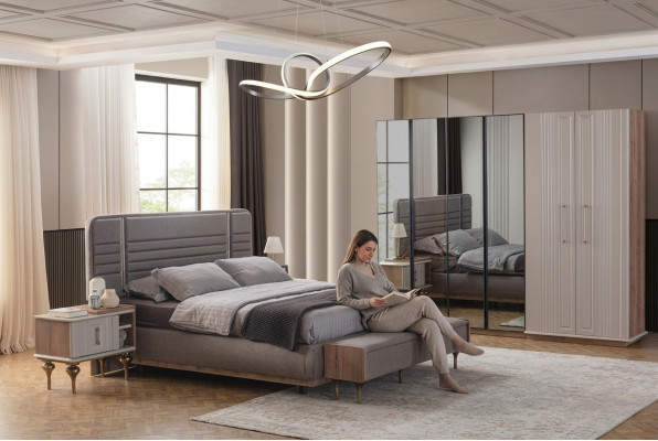 Exklusiv Schlofkummerbett Glasschaf Holz Nuechtktiisch 4-Deeler Luxus Set