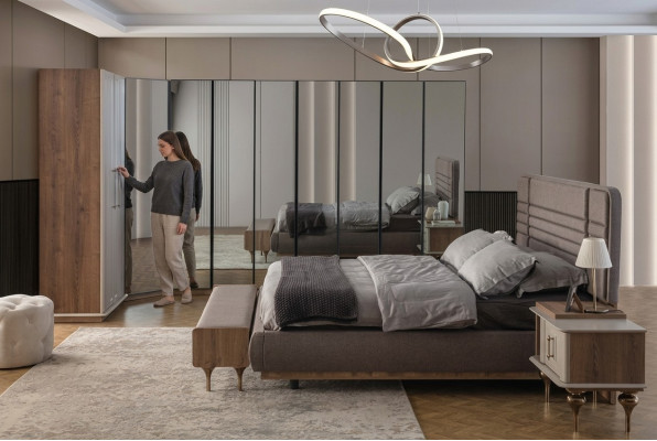 Designer Schlofzëmmer Set Duebelbett 2x Nuetsdëscher Wénkelskaf 4téileg