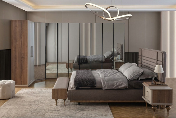 Designer Schlofzëmmer Set Duebelbett 2x Nuetsdëscher Wénkelskaf 4téileg