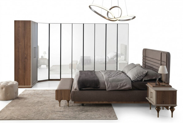 Designer Schlofzëmmer Set Duebelbett 2x Nuetsdëscher Wénkelskaf 4téileg