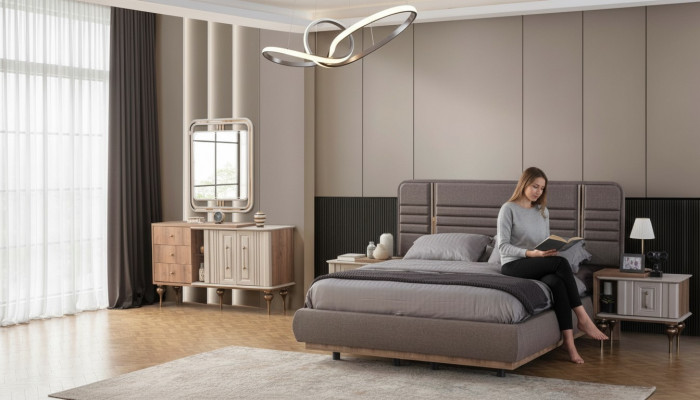 Edel Schlofzëmmer Set Gepolssert Bett Nuetsdëscher Make-up Dësch Spigel