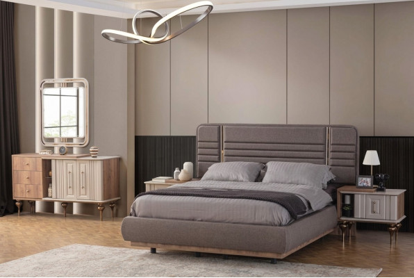 Edel Schlofzëmmer Set Gepolssert Bett Nuetsdëscher Make-up Dësch Spigel