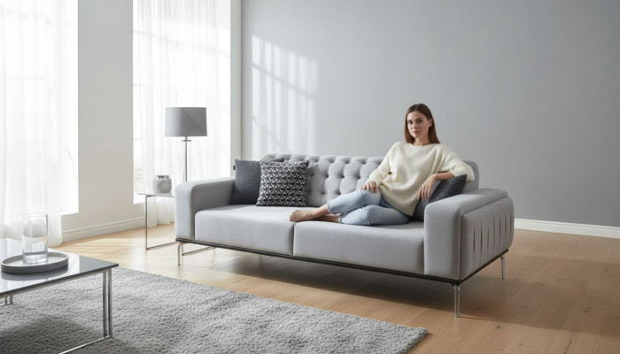Modernt Chesterfield hellgraue 3-Sëtzer Wunnzëmmer Luxus Dräisëtzer