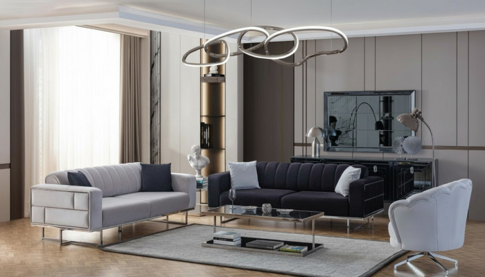 Grau Wunnzëmmer Canapé Designer Polster Dräisëtzer Textil Sëtz 3 Deeler