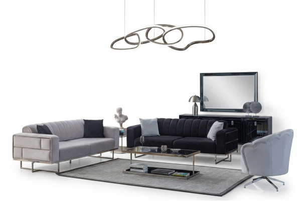 Grau Wunnzëmmer Canapé Designer Polster Dräisëtzer Textil Sëtz 3 Deeler