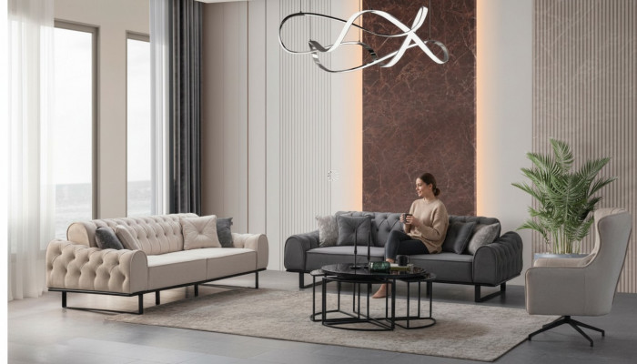 Wäiss-Gro Chesterfield Sitzecken Designer Polster Fautëuil 3 Deeler Set