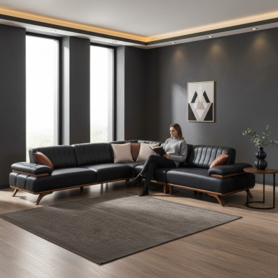 Schwaarze Eckcanapé Designer L-Form Luxus Canapé Wunnzëmmer Sitzméibe.