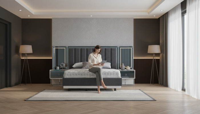 Grouss Schlofzëmmer Set Edelstolbett 2x Holz Nuetsdëscher 3 Deeler Set
