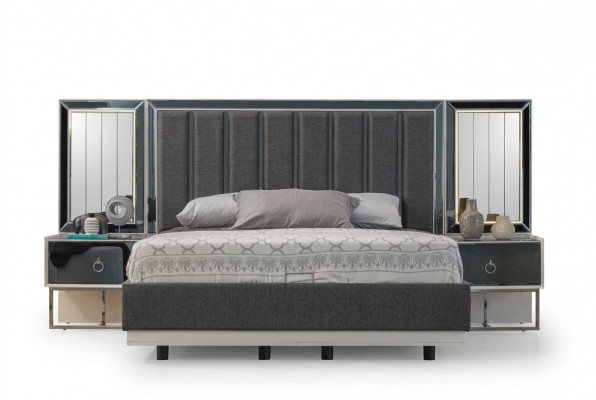 Grouss Schlofzëmmer Set Edelstolbett 2x Holz Nuetsdëscher 3 Deeler Set
