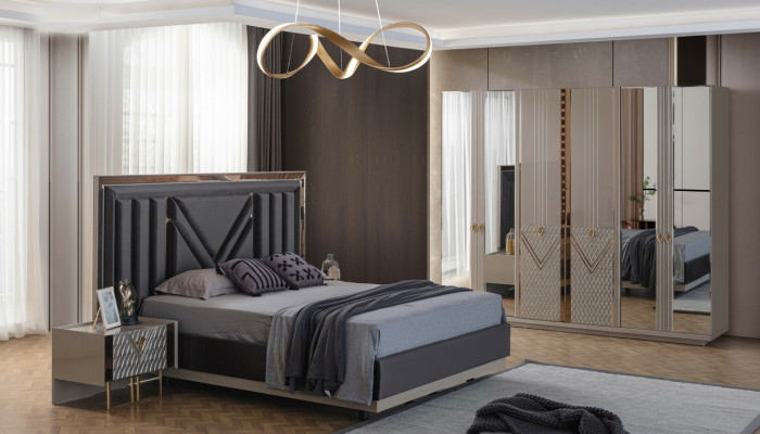 Grau Schlofkummer Miwwelen Duebelbett Kleederschaf Nuetsdëscher 4 Deeler Set