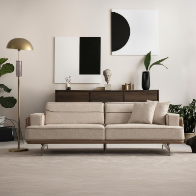 Exklusiv Beige Canapé 3 Sëtz Modern Miwwelen Wunnzëmmer Polstersofa Couch
