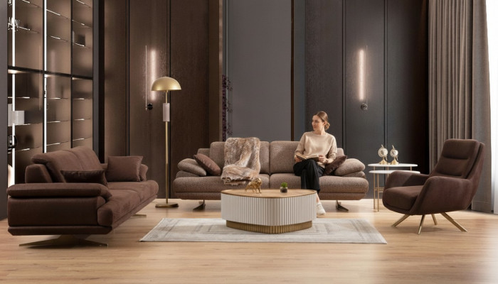 Braun Wunnzëmmer Sofas Designer 3+3+1 Sëtzer Garnitur Einsëtzer 3tlg