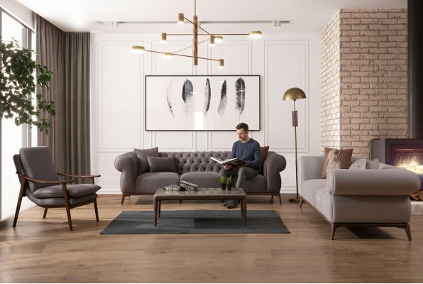 Grau Wunnzëmmer Couch Garnitur Luxus 4-Sëtzer Designer 3-Sëtzer Edelen Fauteuil