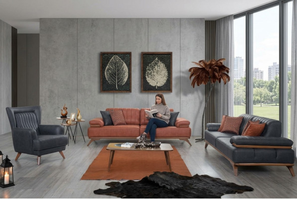 Designer Wohnzimmer Garnitur aus Kënschtlecher Lieder Sofas Ledersessel 3-Deeler Miwwel Set