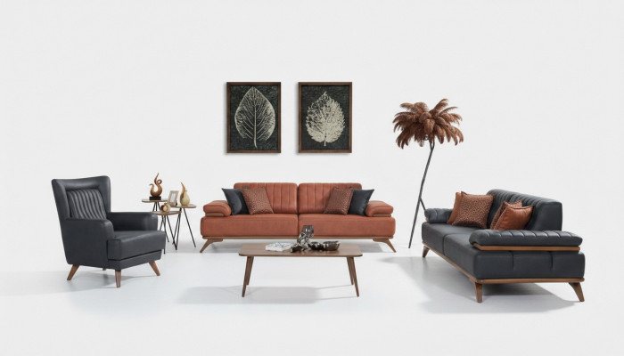 Designer Wohnzimmer Garnitur aus Kënschtlecher Lieder Sofas Ledersessel 3-Deeler Miwwel Set