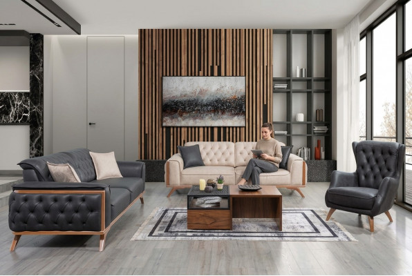 Stilvoll schwaarz-beige Wunnzëmmer Sofagarnitur 3+3+1 Sëtzer 3-deelige Set
